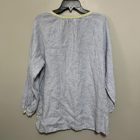 Spartina Women's Tunic Blouse XL 100% Linen Blue White Green Striped Embroidered - Picture 2 of 9